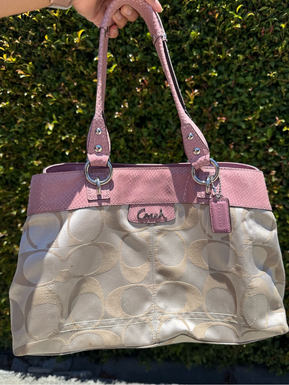 Coach Beige Signature Tote with Pink Trim
